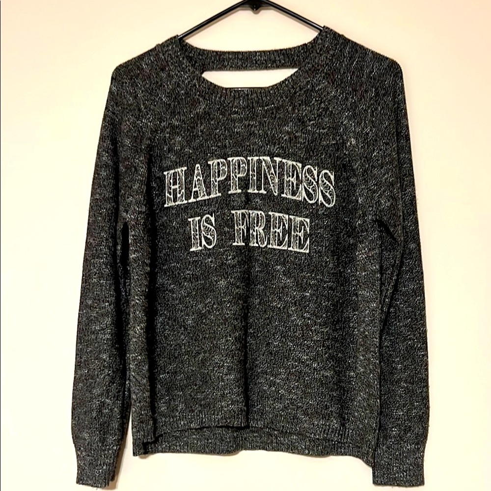 Brokedown. Gray Sweater with 'Happiness is Free' Design. NWOT. Size M.